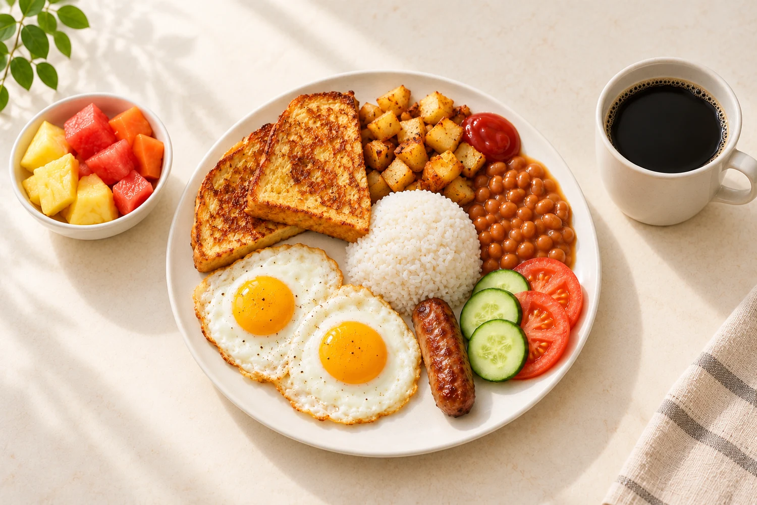 Illustrative PROTEIN SLAM serving: eggs, sausage, toast, rice, potatoes, vegetables, fruit and coffee